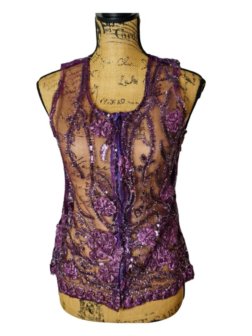 Royal Highness S Sequin Embellished Tank Vest Purple Sheer Floral Equestrian USA